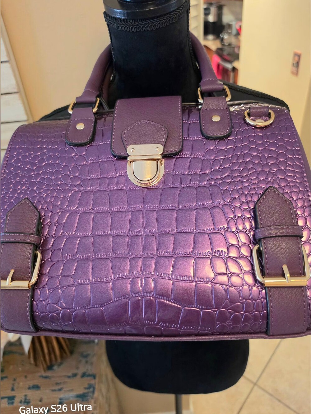 Like New Unbranded Purple Croc Embossed Satchel Bag Gold Hardware -- 12 X 9 X 6